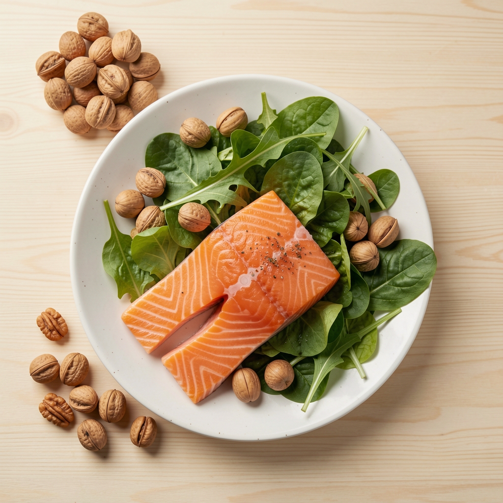 Frische Walnüsse, Lachs und Blattgemüse auf einem hellen Holztisch, Tageslicht, Draufsicht, kulinarisches Stillleben